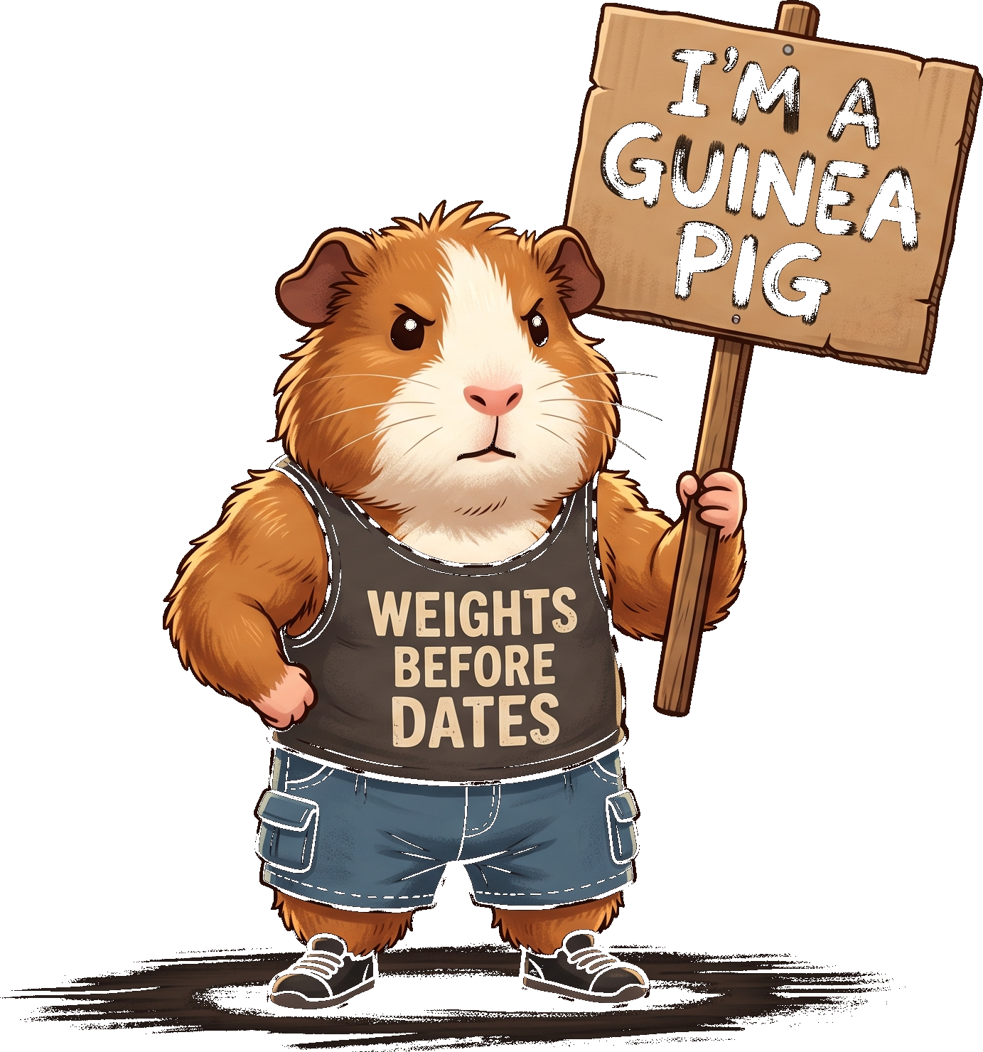 A guinea pig personal trainer holding a sign that reads: I'm a guinea pig
